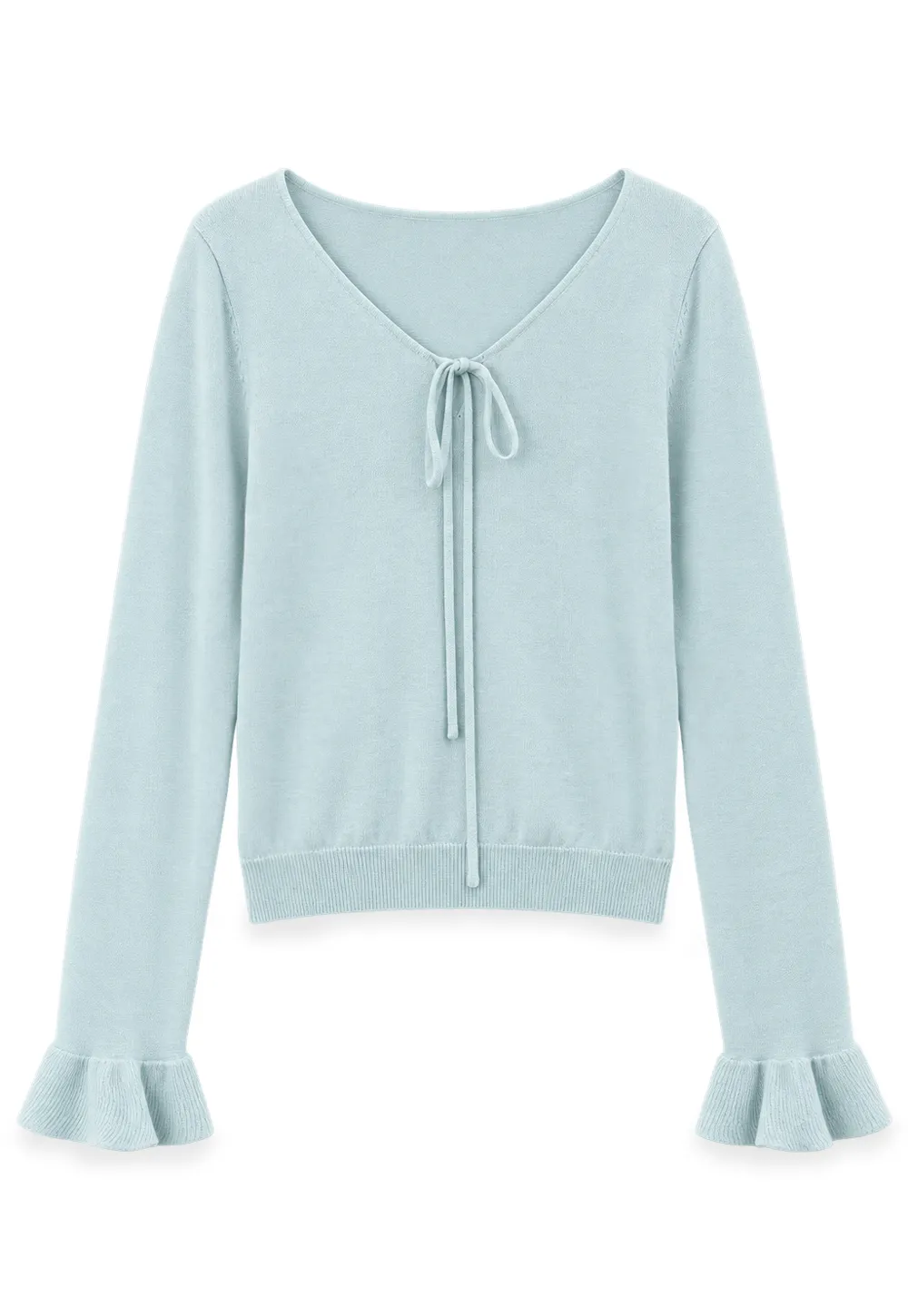 V Neck Drawstring Ribbed Knit Sweater