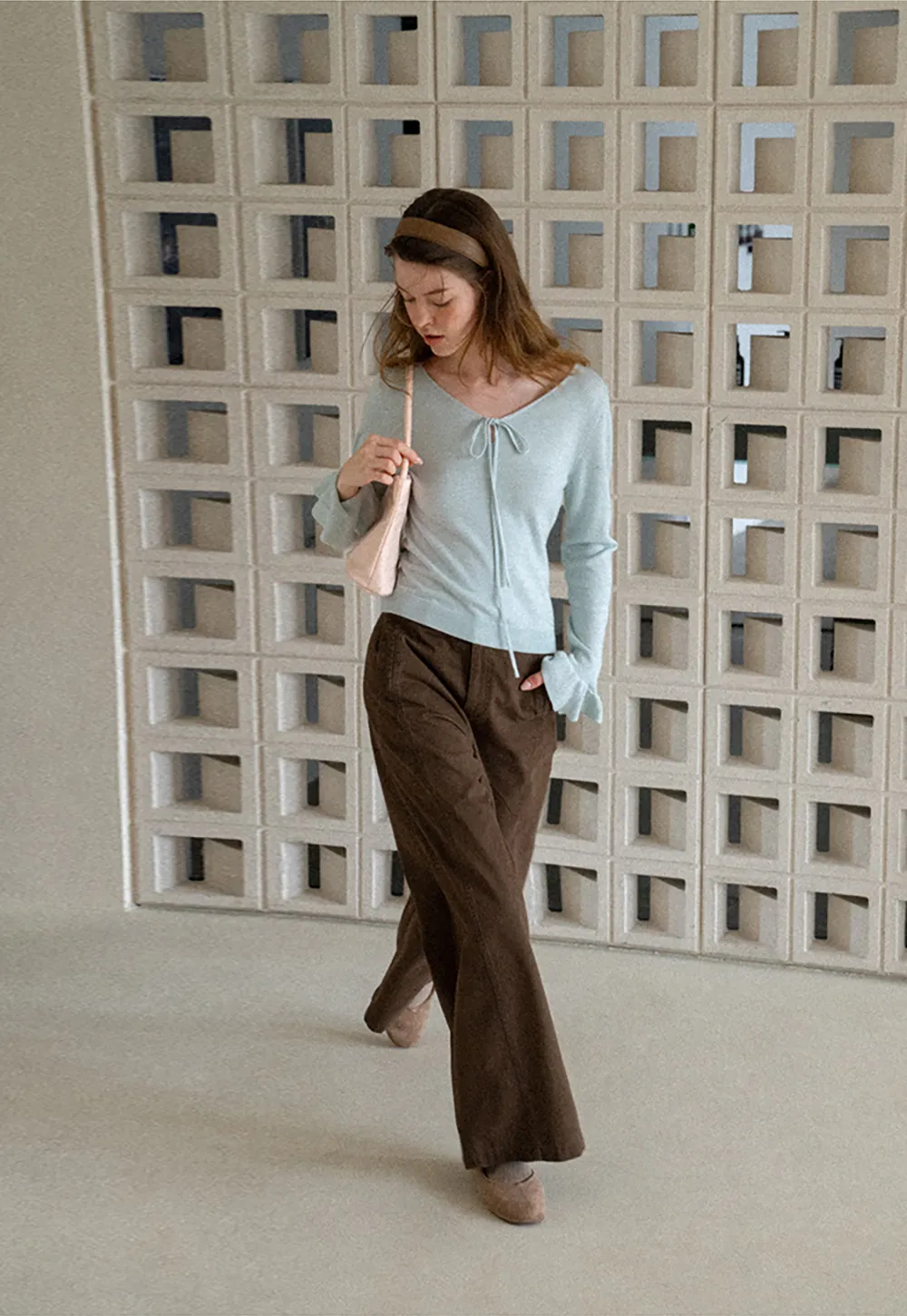 V Neck Drawstring Ribbed Knit Sweater