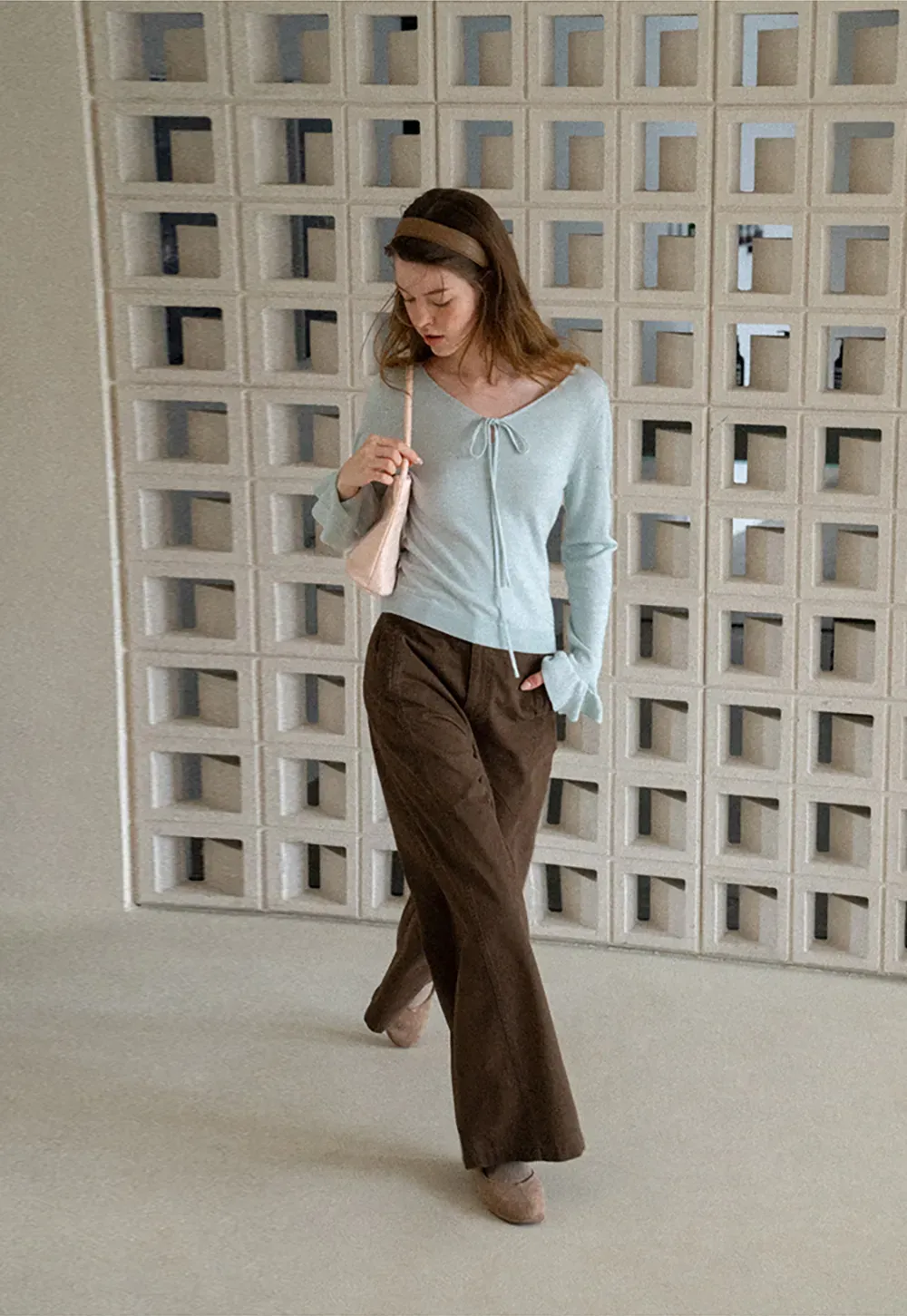 V Neck Drawstring Ribbed Knit Sweater