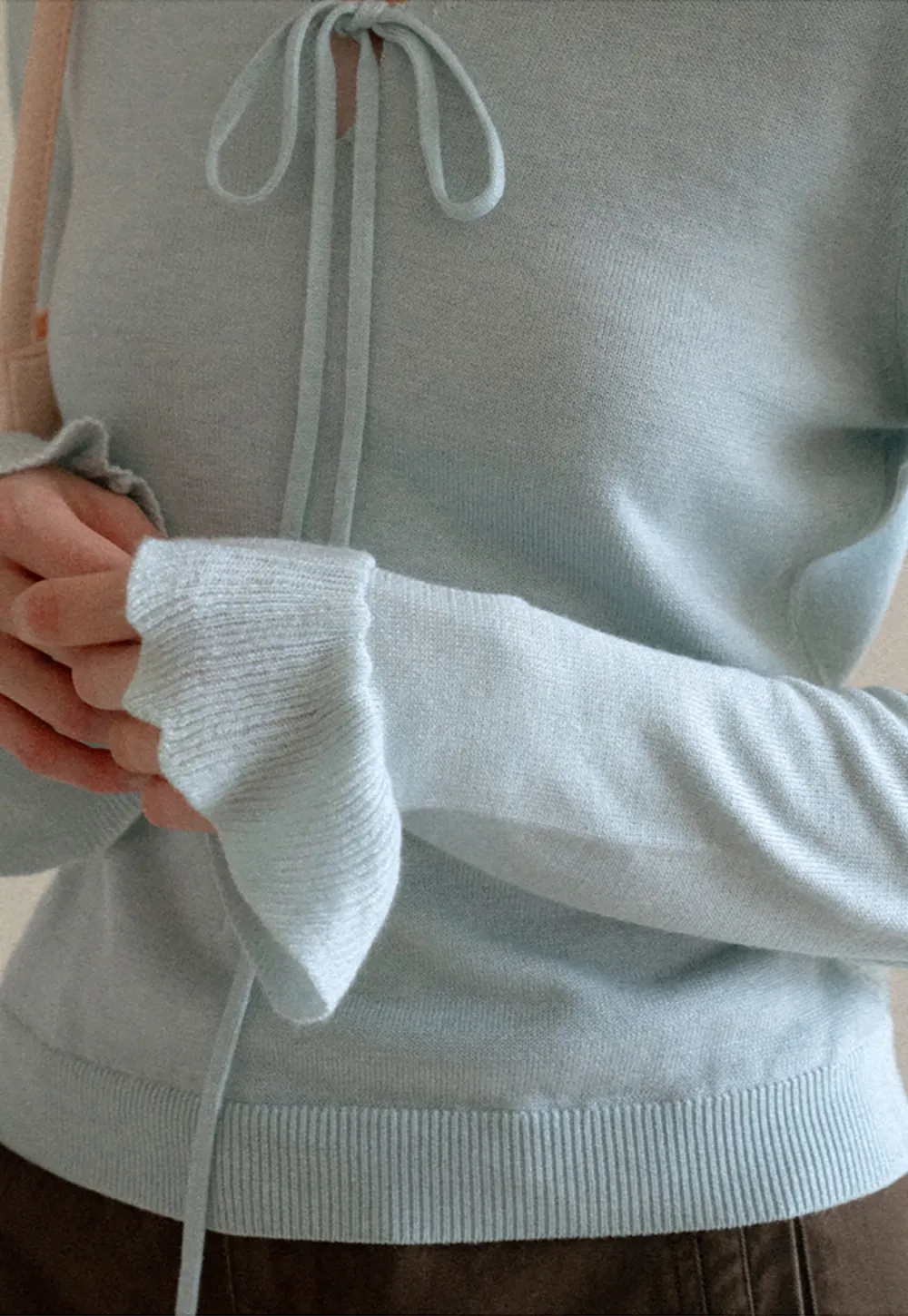 V Neck Drawstring Ribbed Knit Sweater