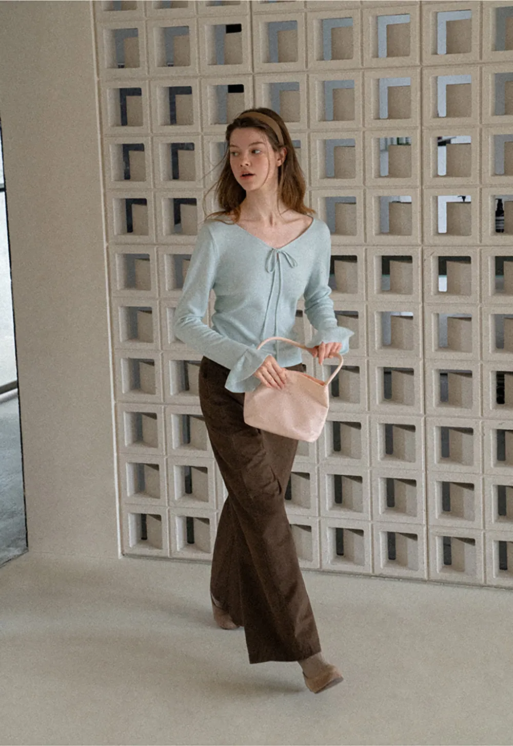 V Neck Drawstring Ribbed Knit Sweater