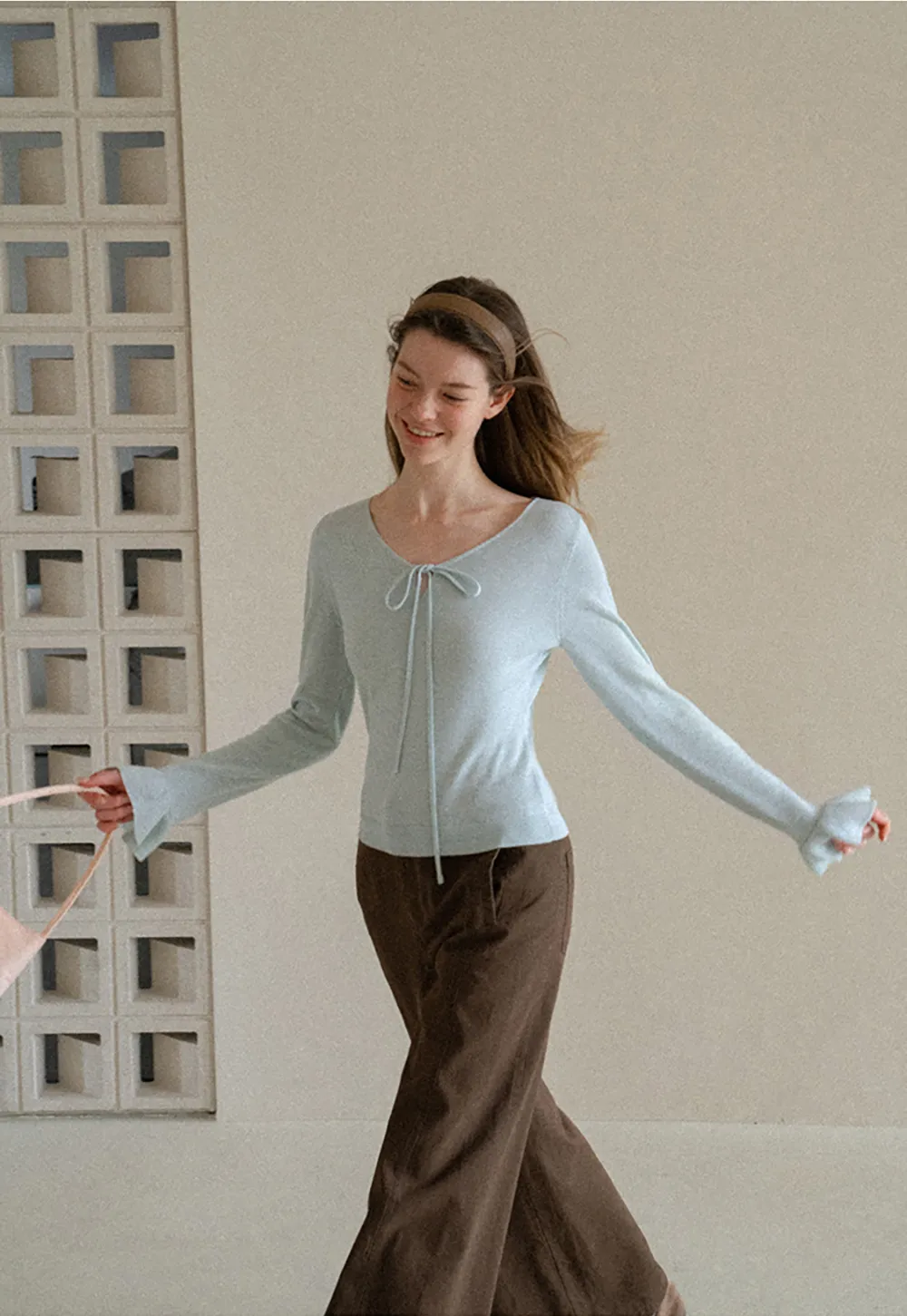 V Neck Drawstring Ribbed Knit Sweater