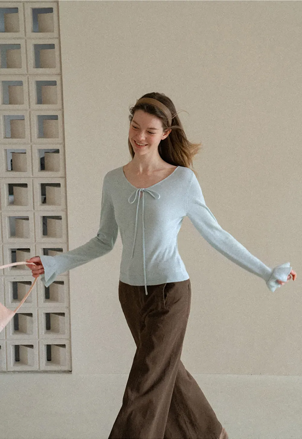 V Neck Drawstring Ribbed Knit Sweater