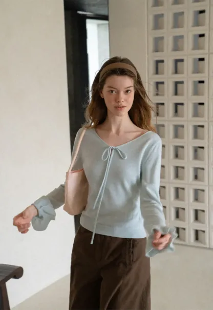 V Neck Drawstring Ribbed Knit Sweater
