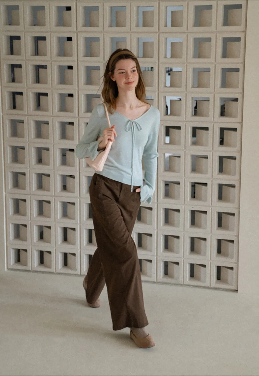 V Neck Drawstring Ribbed Knit Sweater
