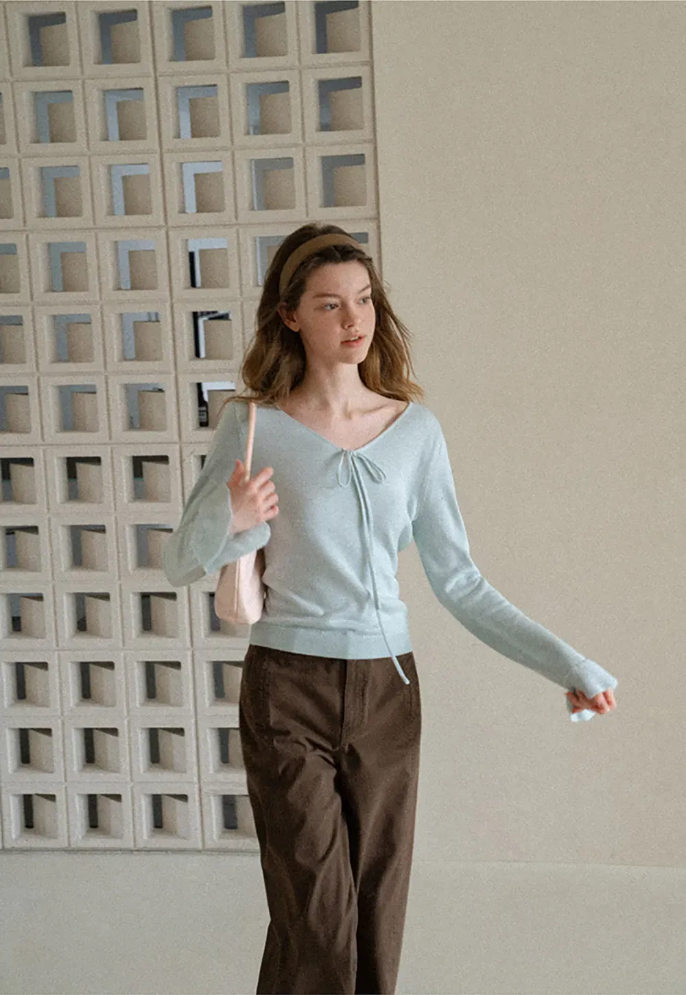 V Neck Drawstring Ribbed Knit Sweater