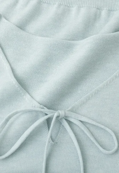 V Neck Drawstring Ribbed Knit Sweater