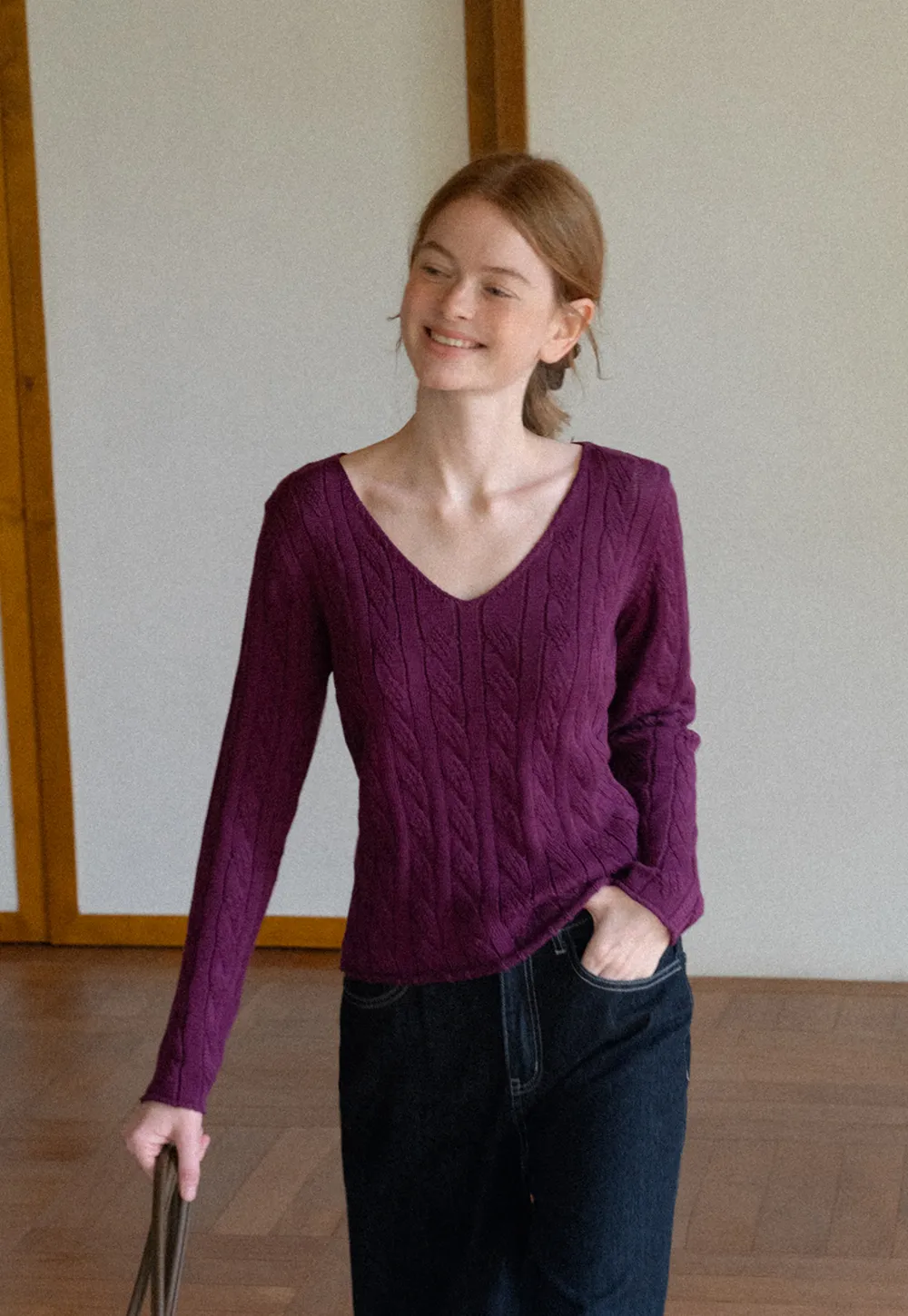 Cable Knit V Neck Long Sleeve Woolen Knit Sweater
