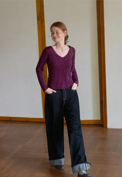 Cable Knit V Neck Long Sleeve Woolen Knit Sweater
