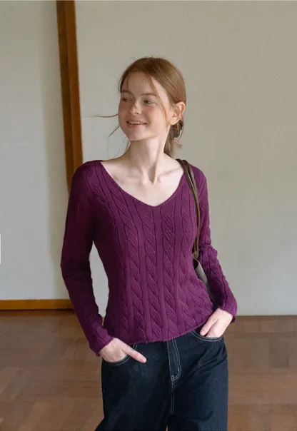 Cable Knit V Neck Long Sleeve Woolen Knit Sweater