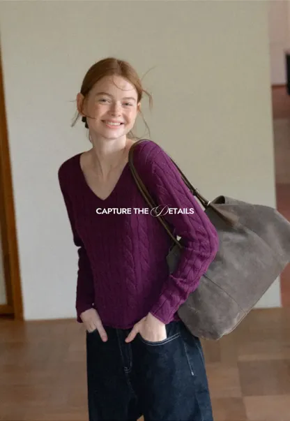 Cable Knit V Neck Long Sleeve Woolen Knit Sweater