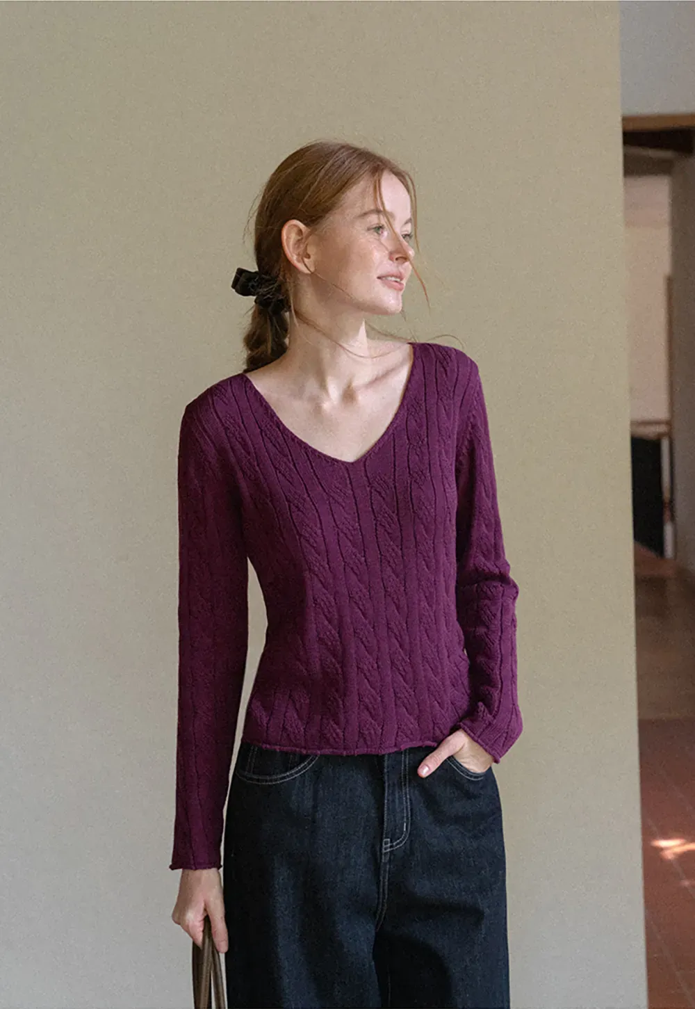 Cable Knit V Neck Long Sleeve Woolen Knit Sweater