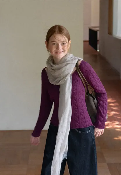 Cable Knit V Neck Long Sleeve Woolen Knit Sweater