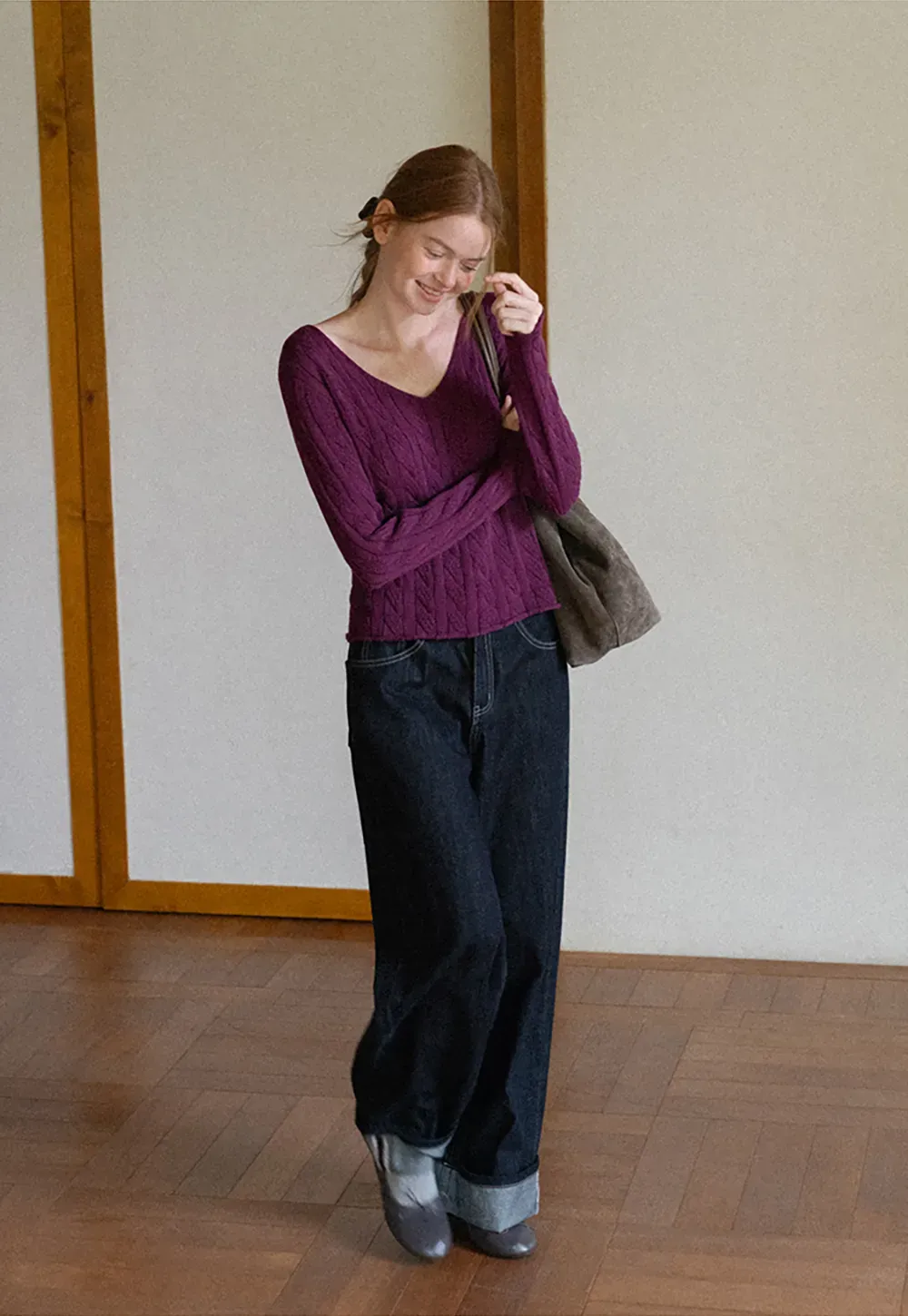 Cable Knit V Neck Long Sleeve Woolen Knit Sweater