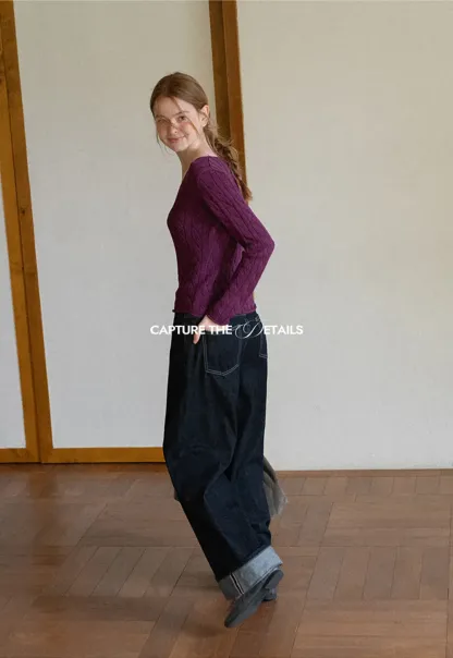 Cable Knit V Neck Long Sleeve Woolen Knit Sweater