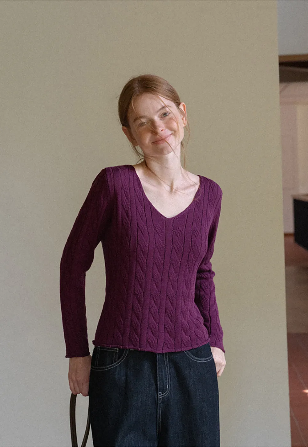 Cable Knit V Neck Long Sleeve Woolen Knit Sweater