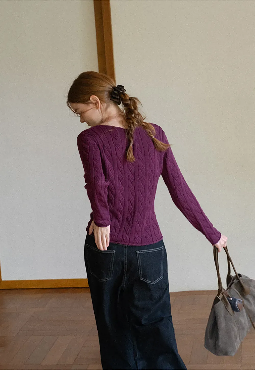 Cable Knit V Neck Long Sleeve Woolen Knit Sweater