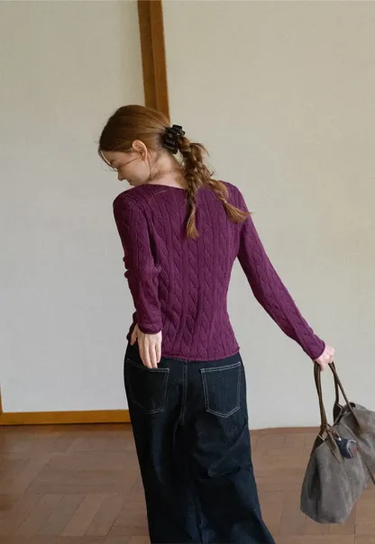 Cable Knit V Neck Long Sleeve Woolen Knit Sweater