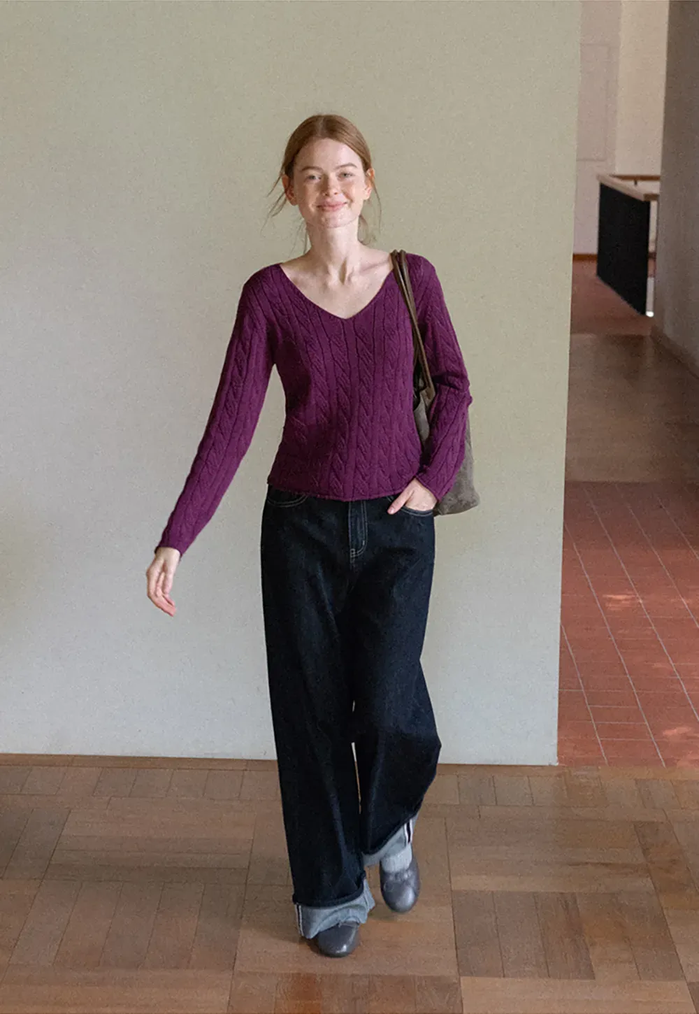 Cable Knit V Neck Long Sleeve Woolen Knit Sweater