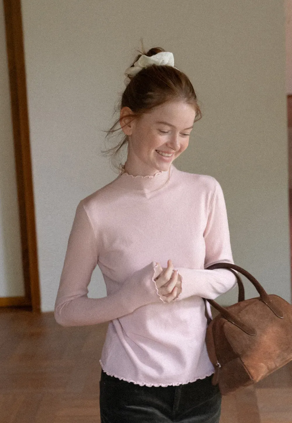 Scalloped Trim High Neck Long Sleeve Knit Sweater