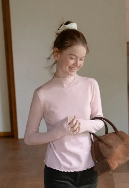 Scalloped Trim High Neck Long Sleeve Knit Sweater