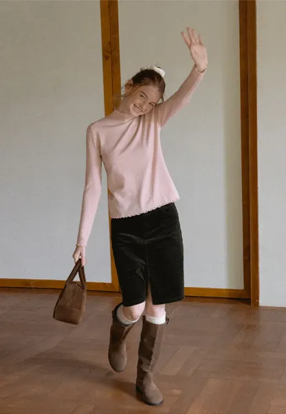 Scalloped Trim High Neck Long Sleeve Knit Sweater