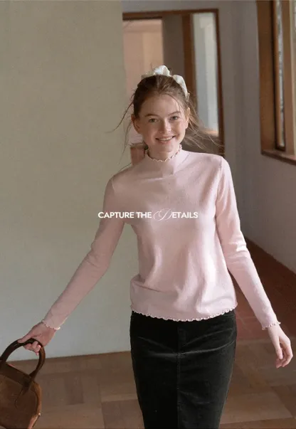 Scalloped Trim High Neck Long Sleeve Knit Sweater