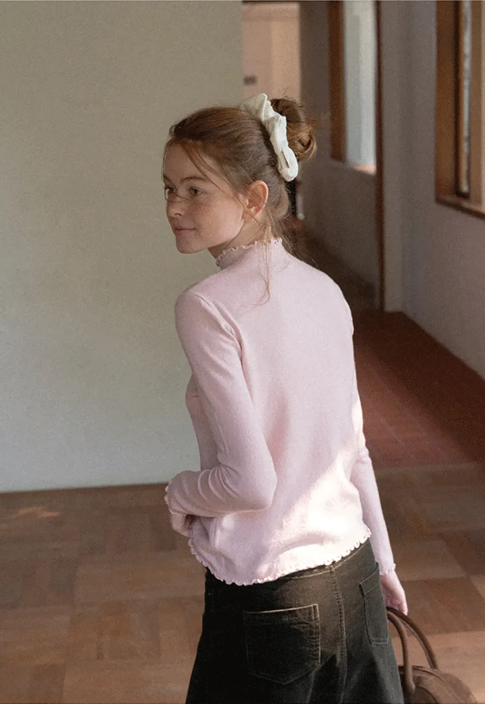 Scalloped Trim High Neck Long Sleeve Knit Sweater