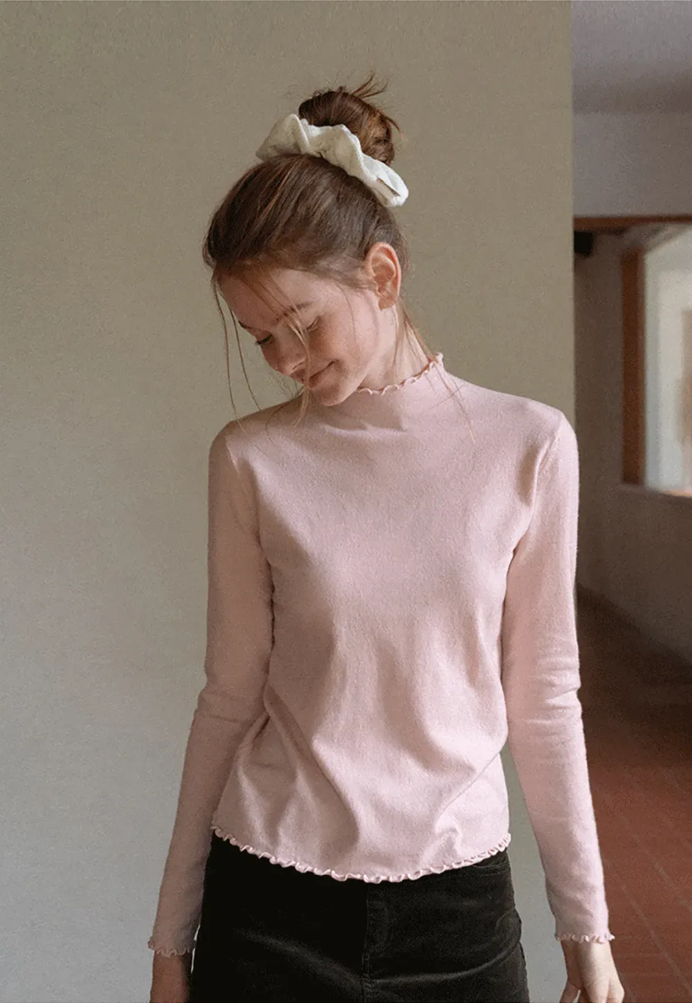 Scalloped Trim High Neck Long Sleeve Knit Sweater