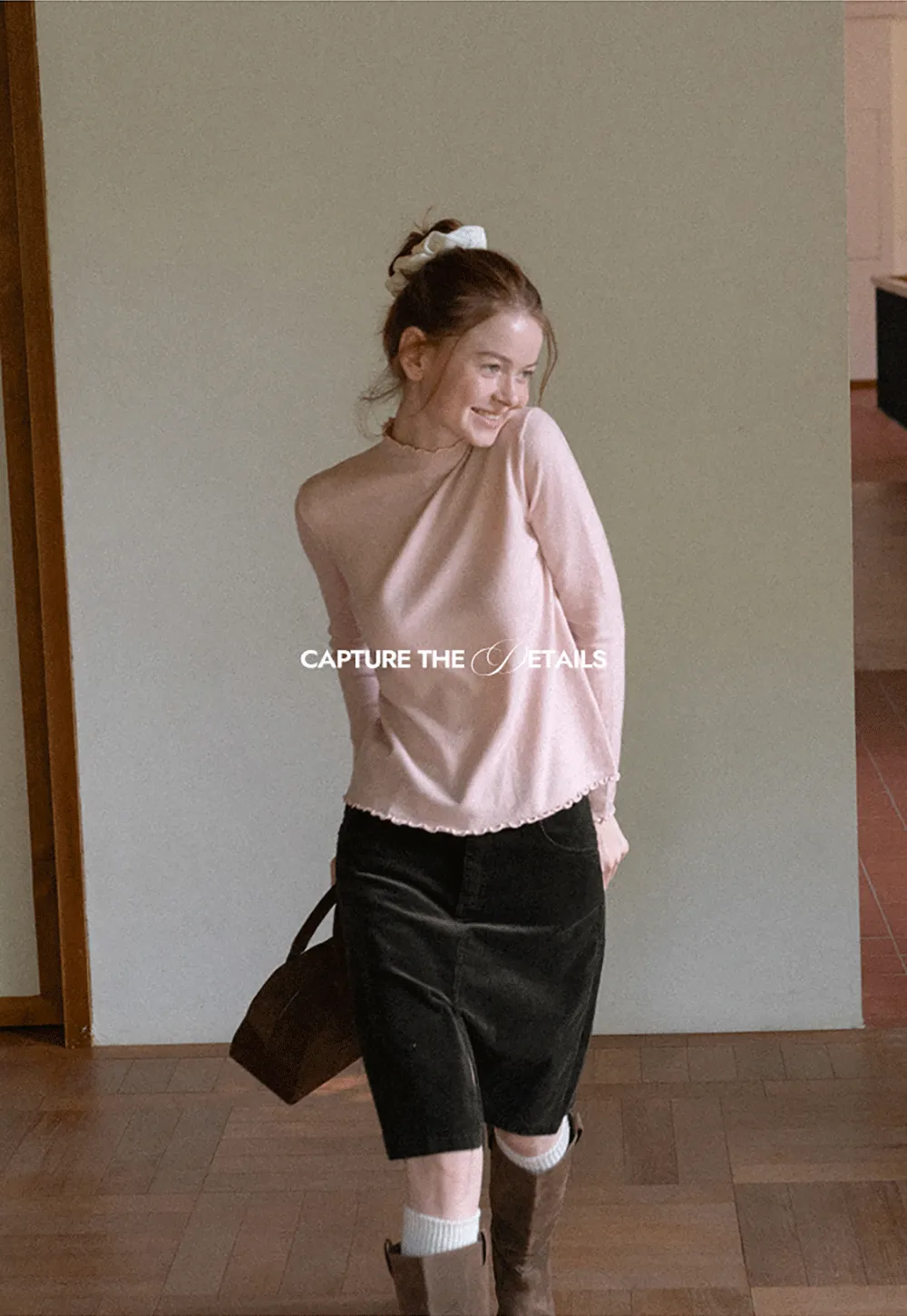 Scalloped Trim High Neck Long Sleeve Knit Sweater