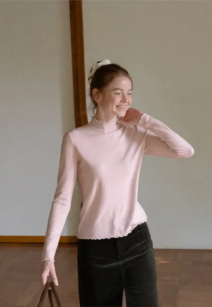 Scalloped Trim High Neck Long Sleeve Knit Sweater