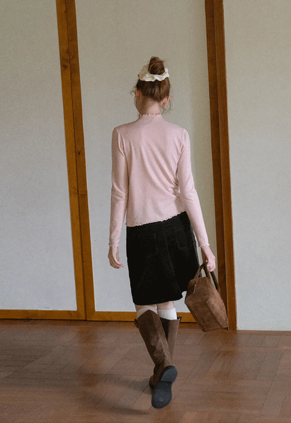 Scalloped Trim High Neck Long Sleeve Knit Sweater