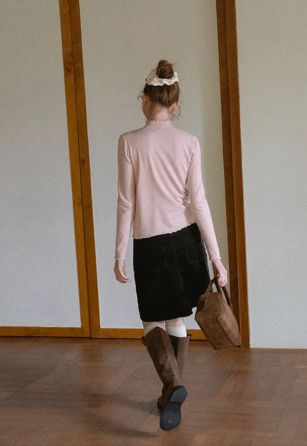 Scalloped Trim High Neck Long Sleeve Knit Sweater