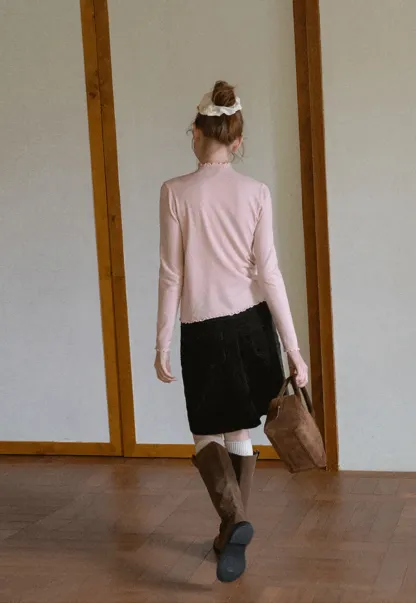 Scalloped Trim High Neck Long Sleeve Knit Sweater