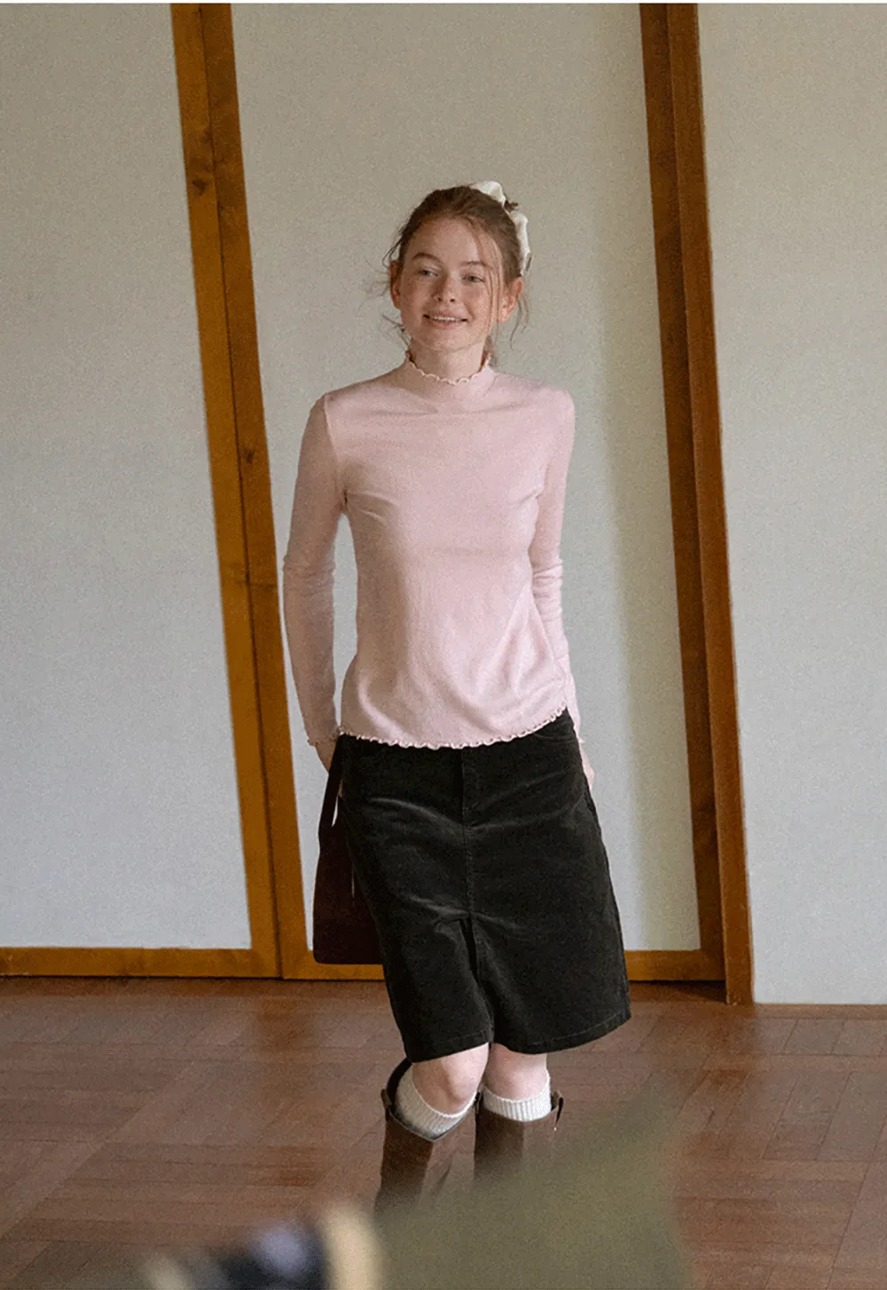 Scalloped Trim High Neck Long Sleeve Knit Sweater