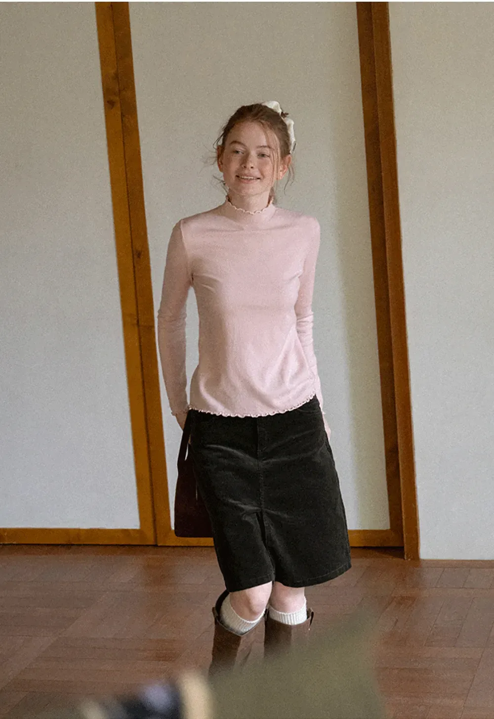 Scalloped Trim High Neck Long Sleeve Knit Sweater