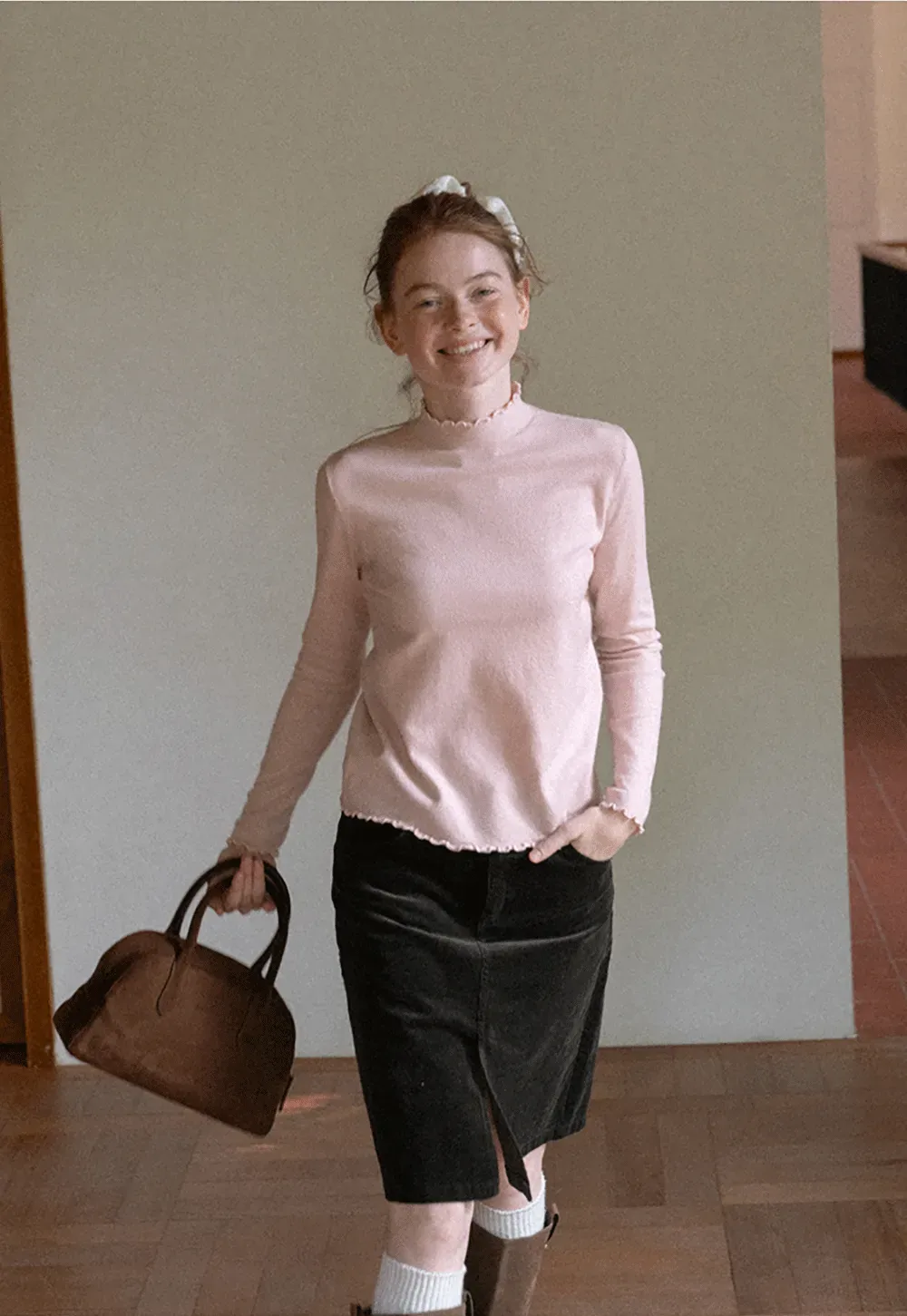 Scalloped Trim High Neck Long Sleeve Knit Sweater