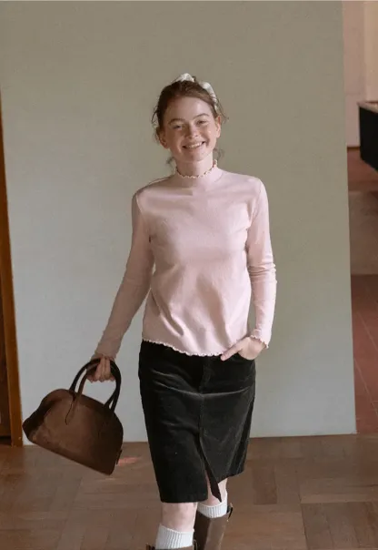 Scalloped Trim High Neck Long Sleeve Knit Sweater