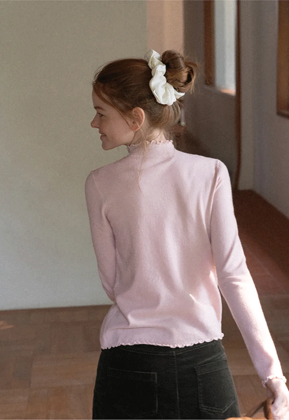Scalloped Trim High Neck Long Sleeve Knit Sweater