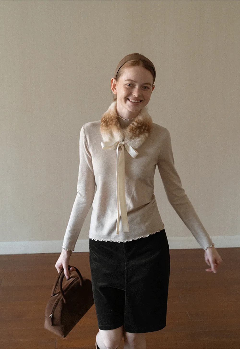 Scalloped Trim High Neck Long Sleeve Knit Sweater