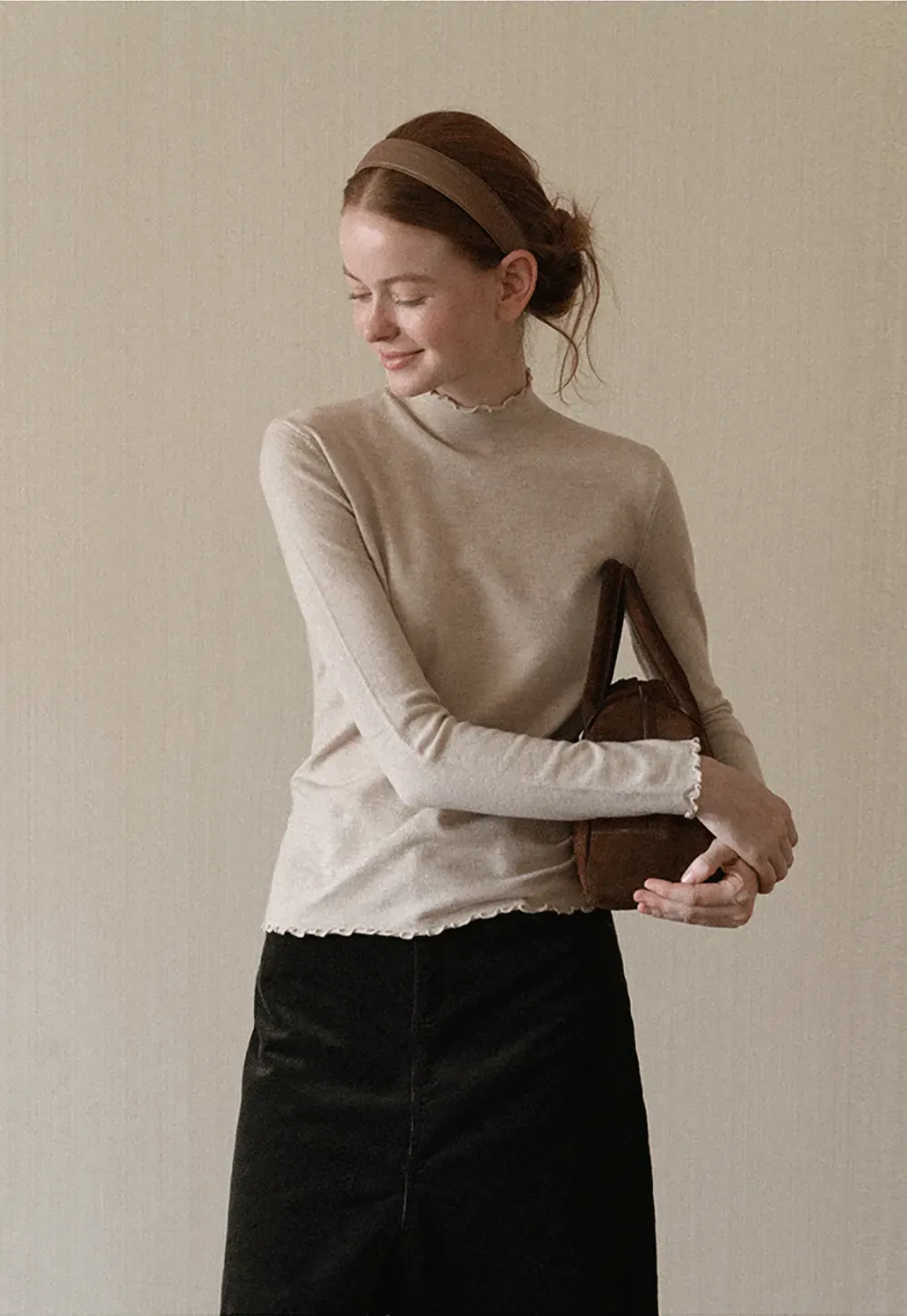 Scalloped Trim High Neck Long Sleeve Knit Sweater