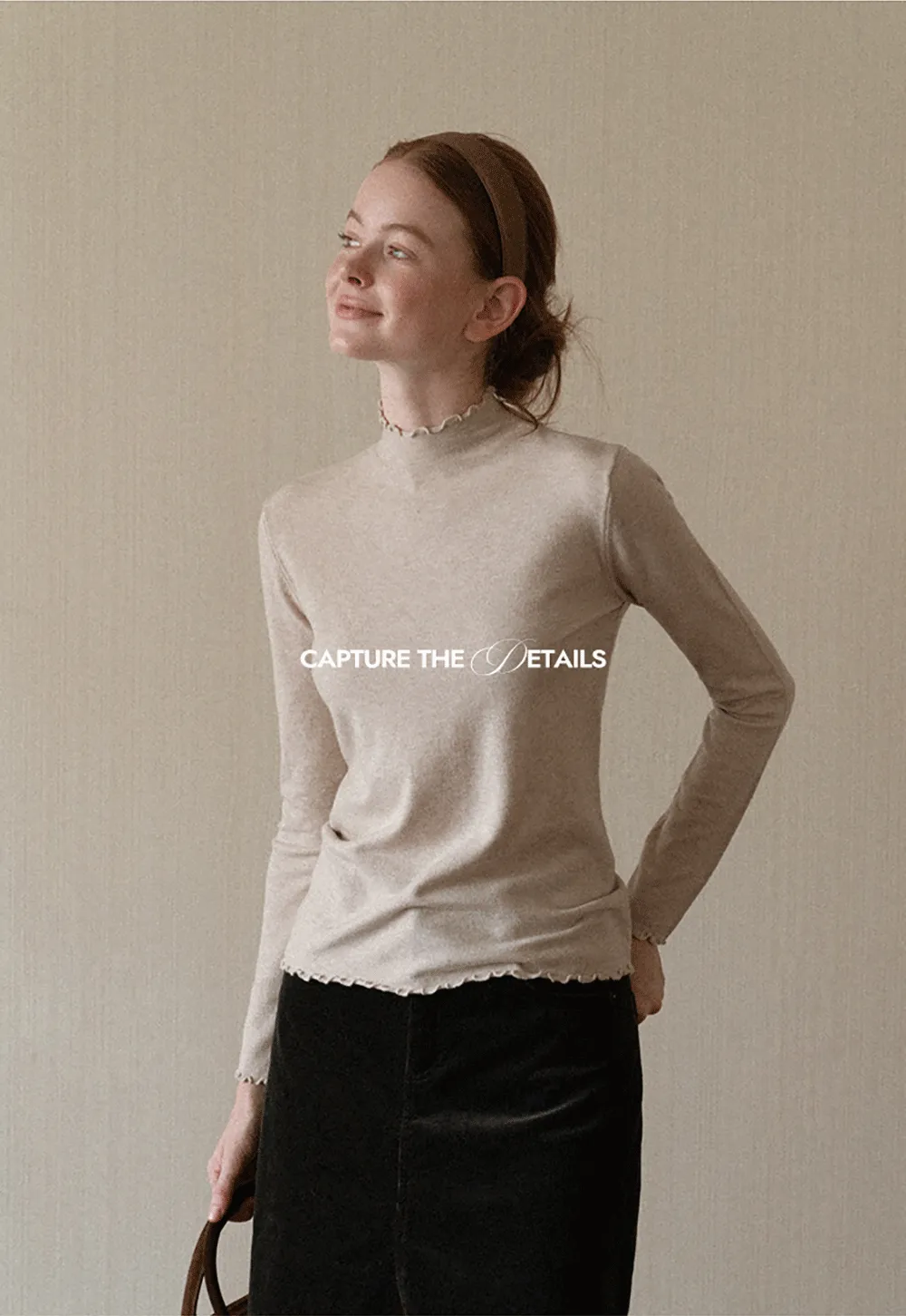 Scalloped Trim High Neck Long Sleeve Knit Sweater