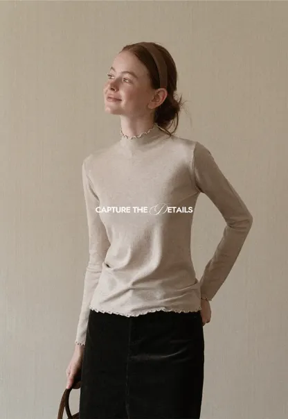 Scalloped Trim High Neck Long Sleeve Knit Sweater