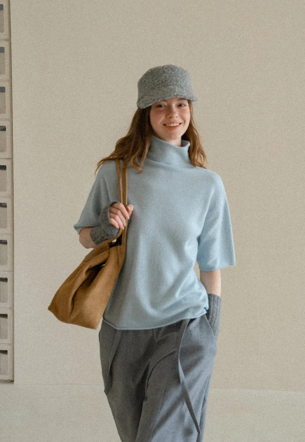 High Neck Short Sleeve Woolen Knit Sweater