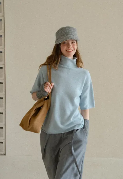 High Neck Short Sleeve Woolen Knit Sweater