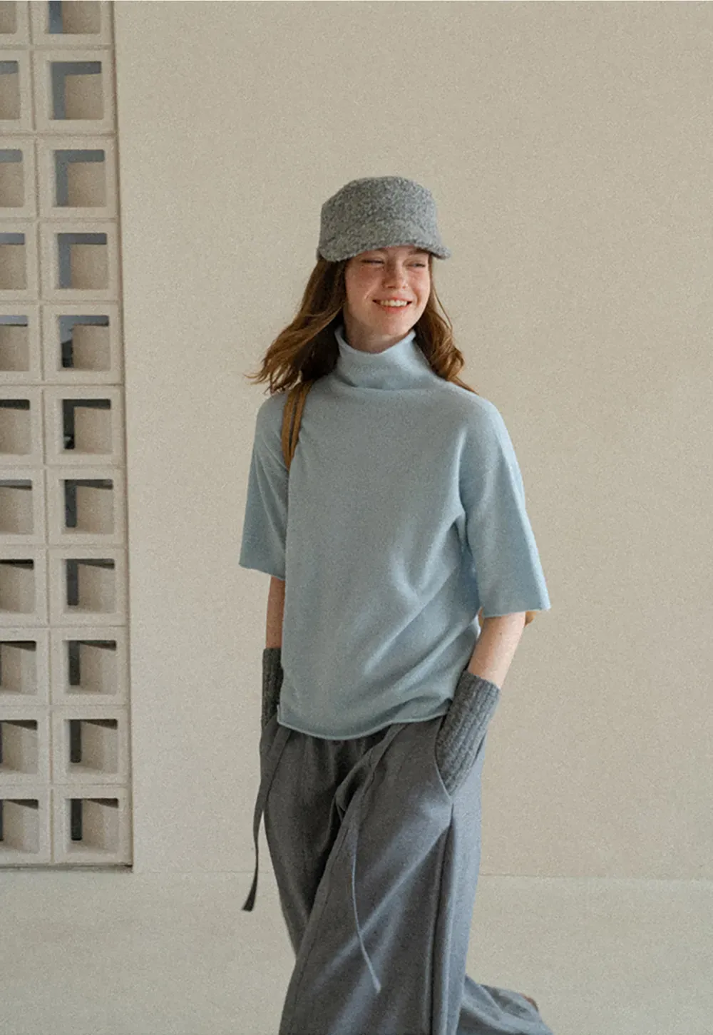 High Neck Short Sleeve Woolen Knit Sweater