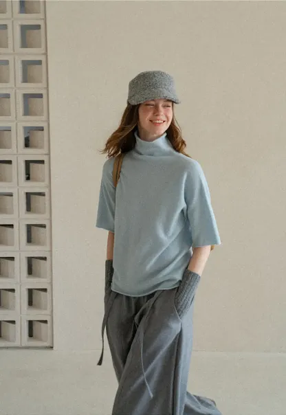 High Neck Short Sleeve Woolen Knit Sweater