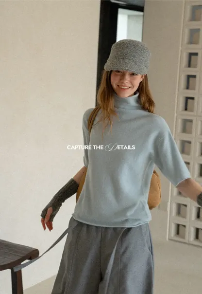 High Neck Short Sleeve Woolen Knit Sweater