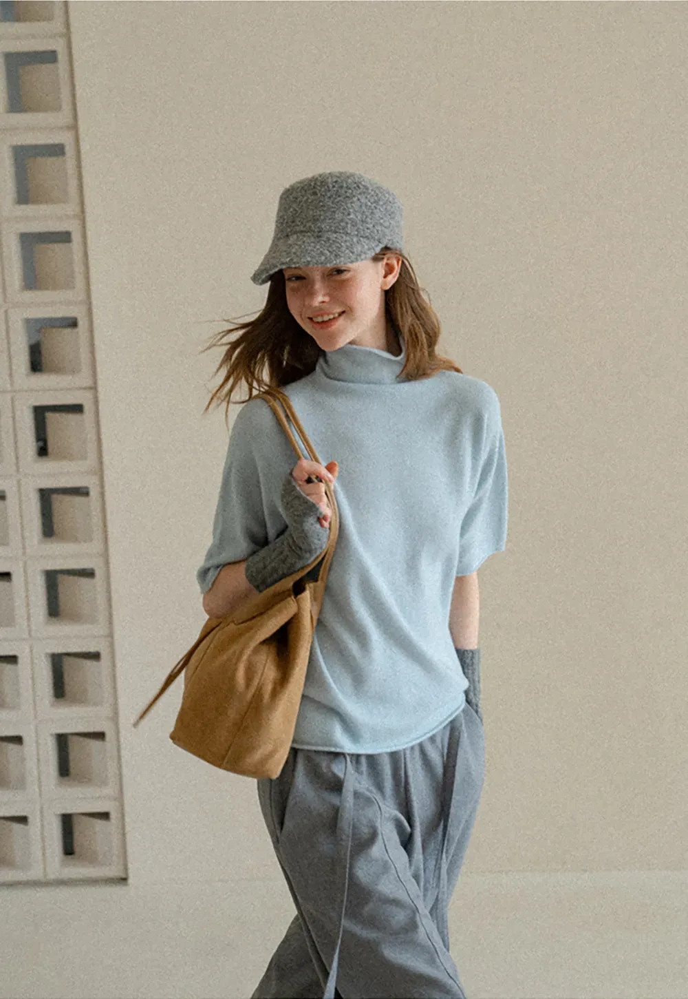 High Neck Short Sleeve Woolen Knit Sweater