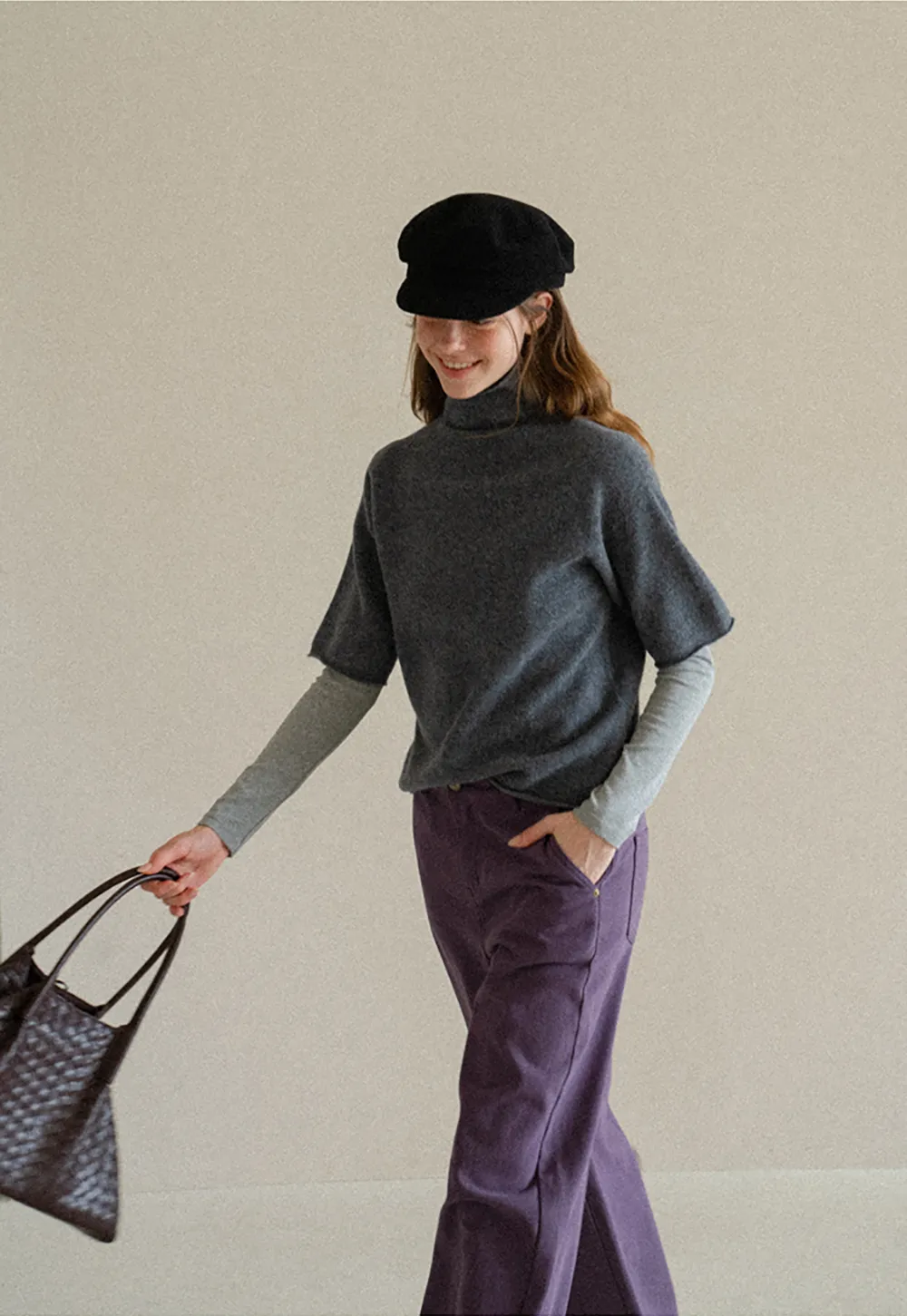 High Neck Short Sleeve Woolen Knit Sweater